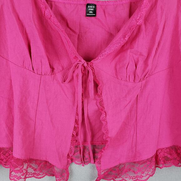 Shein‎ Curve Size 4XL Tie Front Babydoll Crop Top Hot Pink Lace Trim Festival - Picture 2 of 10
